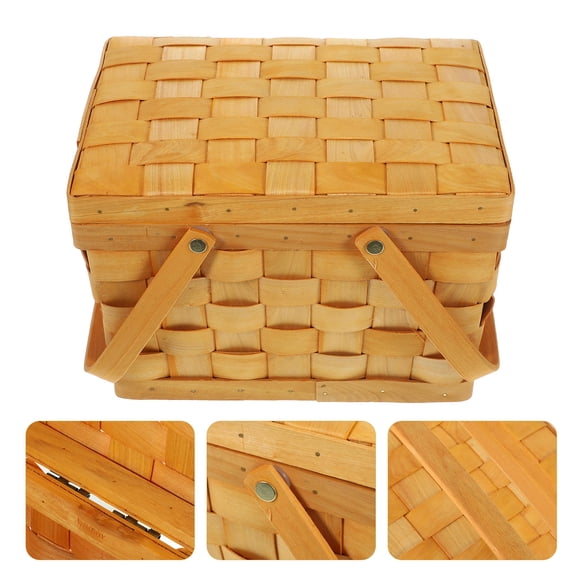 SOPOTUTU Yellow Wood Chip Picnic Basket with Handle Lightweight Portable Storage Basket