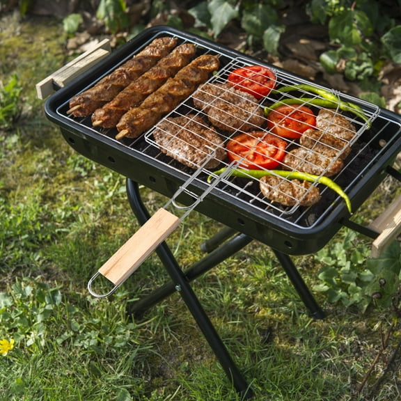 SOPOTUTU Bbq Fish Grilling Basket with Wood Handle Locks Food for Kitchen Use