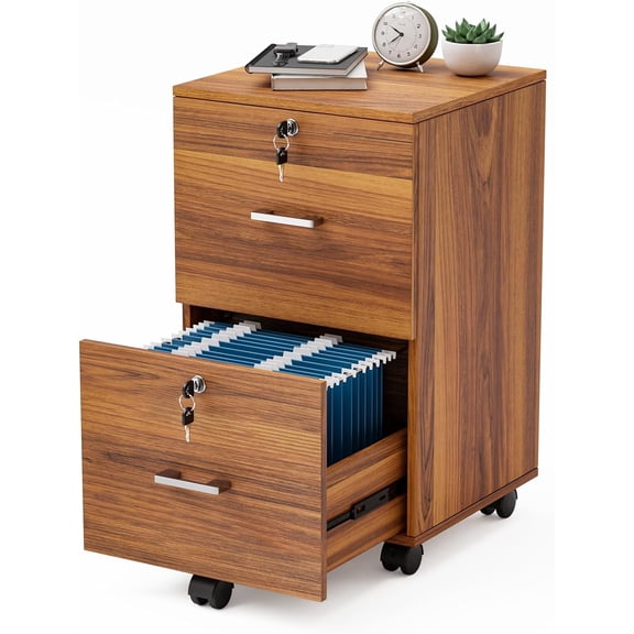 SOPTY 2-Drawer Rolling File Cabinet with Lock, Wood Mobile Filing Cabinet for Hanging Letter Size Filings Under Desk File Cabinet for Home Office, Assembly Required, Classic Walnut, 26.5" H