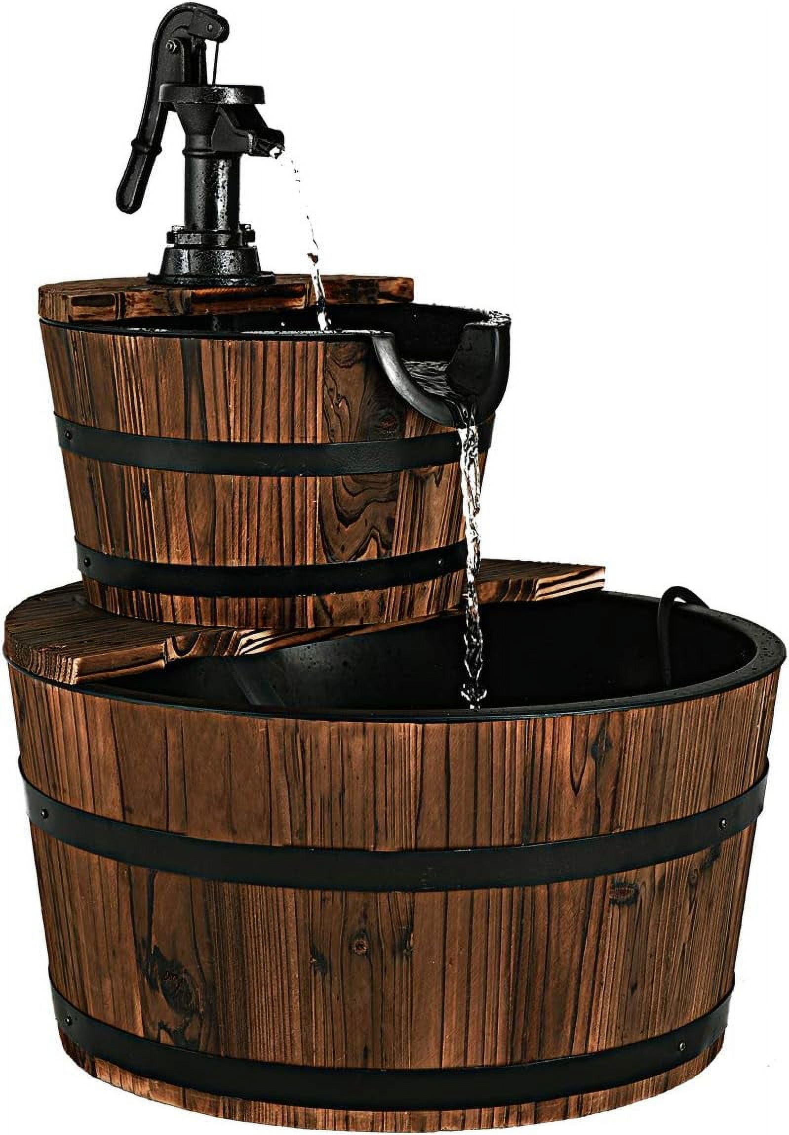 SOPTY 2-Tier Barrel Waterfall Fountain, Rustic Wood Barrel Cascading with Electric Decorative Hand Pump, Outdoor Water Feature for Garden Patio Backyard Lawn Porch