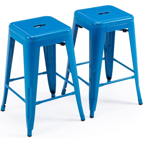 SOPTY 24 Inch Metal Bar Stools, Backless Counter Height Barstools, Indoor Outdoor Stackable Stools with Square Seat, Set of 2 (Blue)