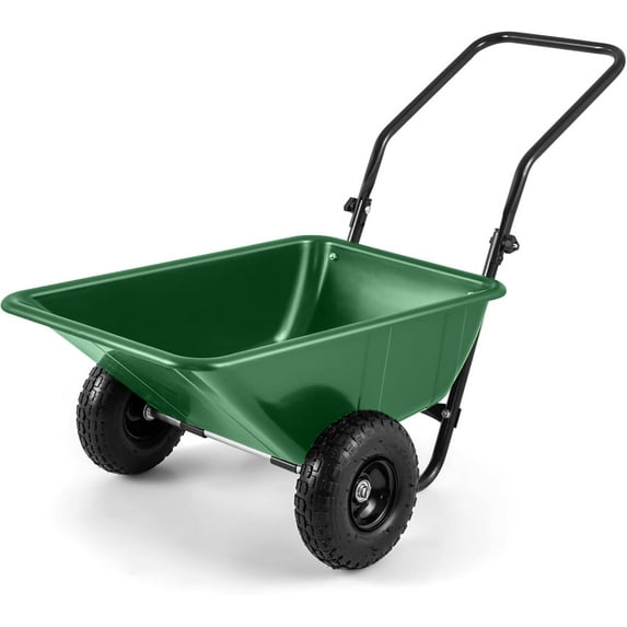 SOPTY Dual-Wheel Wheelbarrow, Heavy-Duty Garden Utility Cart with Built-in Stand, Pneumatic Tires, 330 Lbs Capacity, Foldable Handle, 21 Gal Dump Cart for Yard Lawn Moving Soil, Gardening-Green