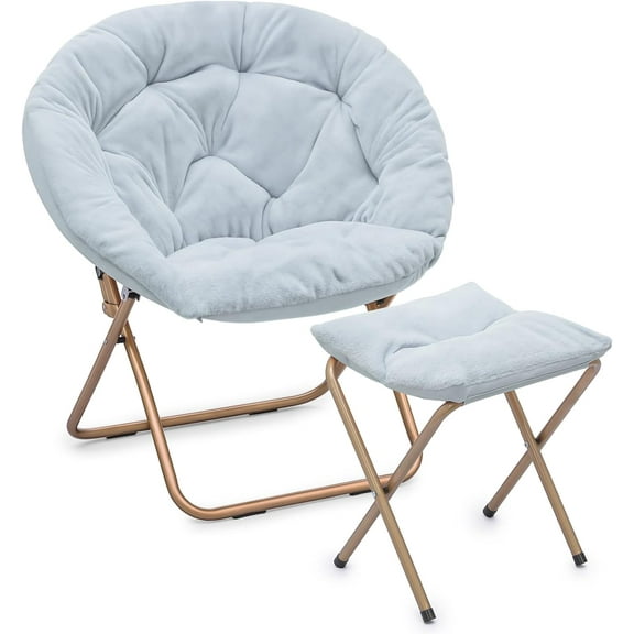 SOPTY Round Folding Soft Faux Fur Moon Saucer Chair with Footrest, Large Reading Chair for Bedroom, Living Room & Dorm, Oversized, Metal Frame (Blue)