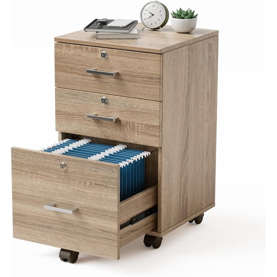 SOPTY Wood Rolling File Cabinet with Lock, Under Desk File Cabinet for Home Office, Mobile Printer Stand, Oak, 26" H