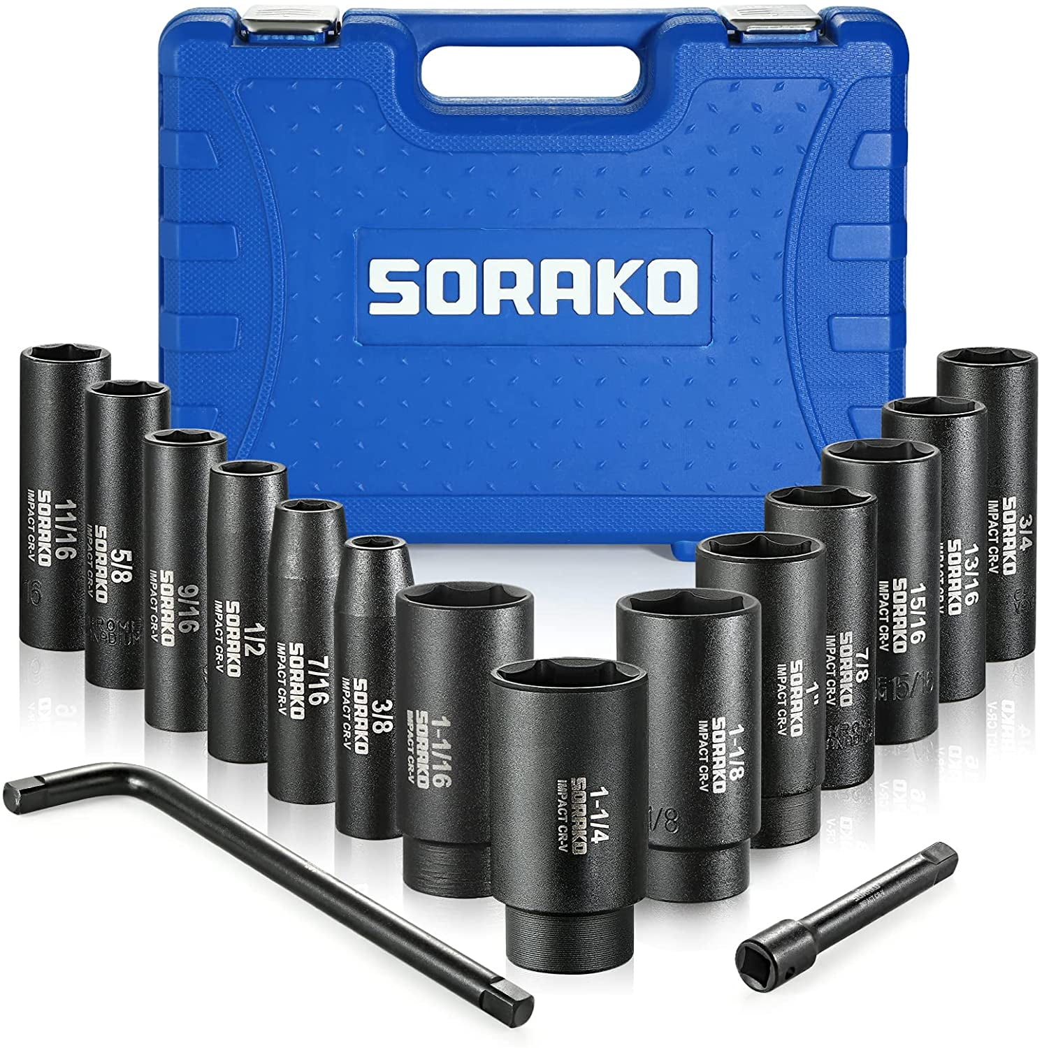 SORAKO Impact Socket Set 1/2” Drive, 16 Pcs Deep Socket Set, Include 14 PCS SAE Impact Sockets