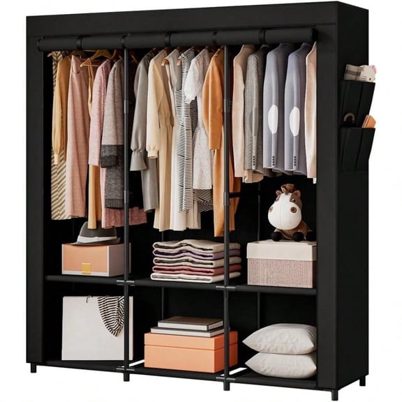 SORCEDAS Portable Closet Wardrobe Storage Organizer Metal Hanging Rack NonWoven Fabric 50 Inch Black