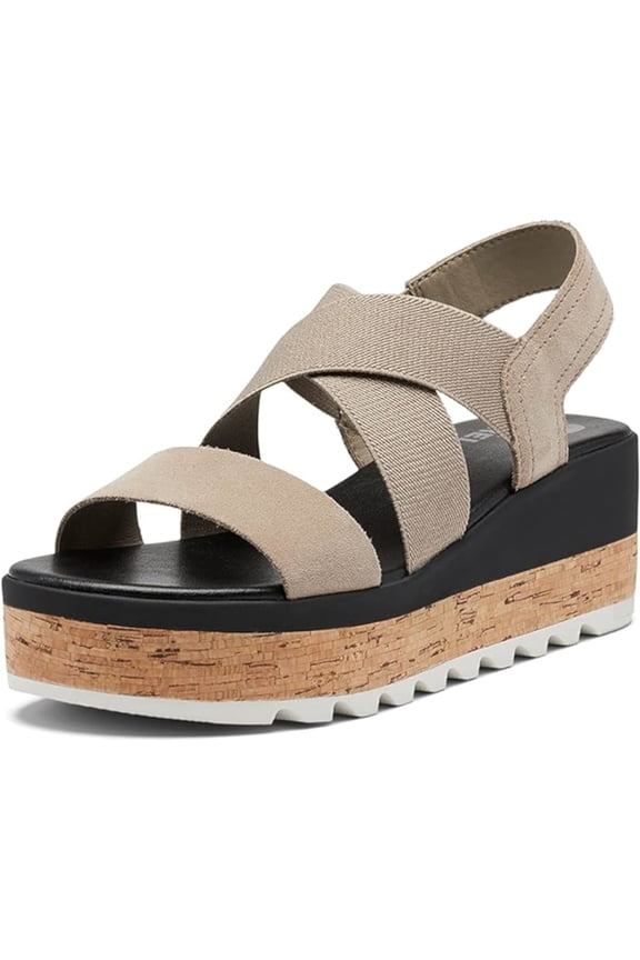 Womens Beige Mixed Media 1-1/2" Platform Arch Support Crisscross Elastic Straps Goring Padded Cameron Round Toe Wedge Slip On Slingback Sandal 11