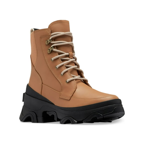 SOREL Womens Beige Mixed Media 1-1/2" Platform Waterproof Padded Removable Insole Back Pull-Tab Arch Support Slip Resistant Brex Round Toe Block Heel Lace-Up Leather Boots Shoes 9