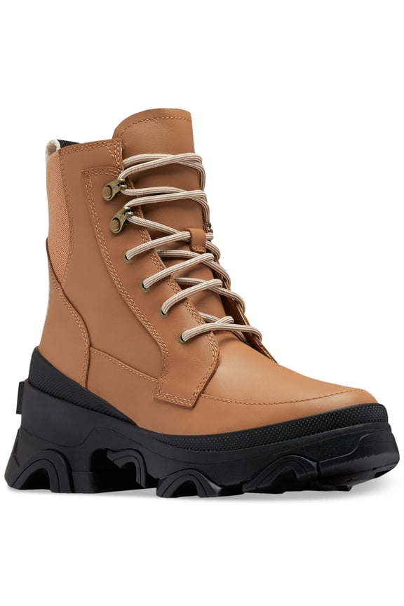 Womens Beige Mixed Media 1-1/2" Platform Waterproof Padded Removable Insole Back Pull-Tab Arch Support Slip Resistant Brex Round Toe Block Heel Lace-Up Leather Boots Shoes 6.5