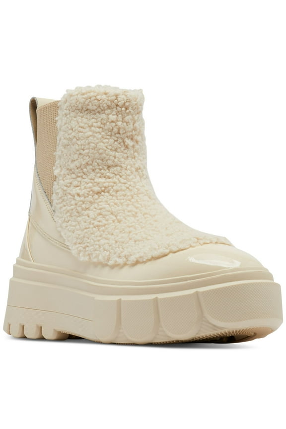 Womens Beige Mixed Media 1" Platform Goring Faux-Shearling Detail Padded Back Pull-Tab Removable Insole Waterproof Caribou X Round Toe Wedge Chelsea 10