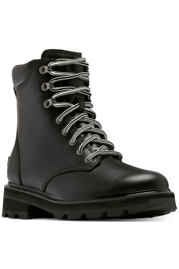 Womens Black 1" Platform Lug Sole Waterproof Padded Lennox Round Toe Block Heel Lace-Up Leather Boots Shoes 5