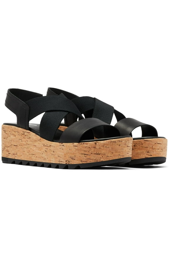 Womens Black Mixed Media 1-1/2" Cork-Like Platform Crisscross Stretch Straps Arch Support Cushioned Cameron Round Toe Wedge Slip On Leather Slingback Sandal 9.5