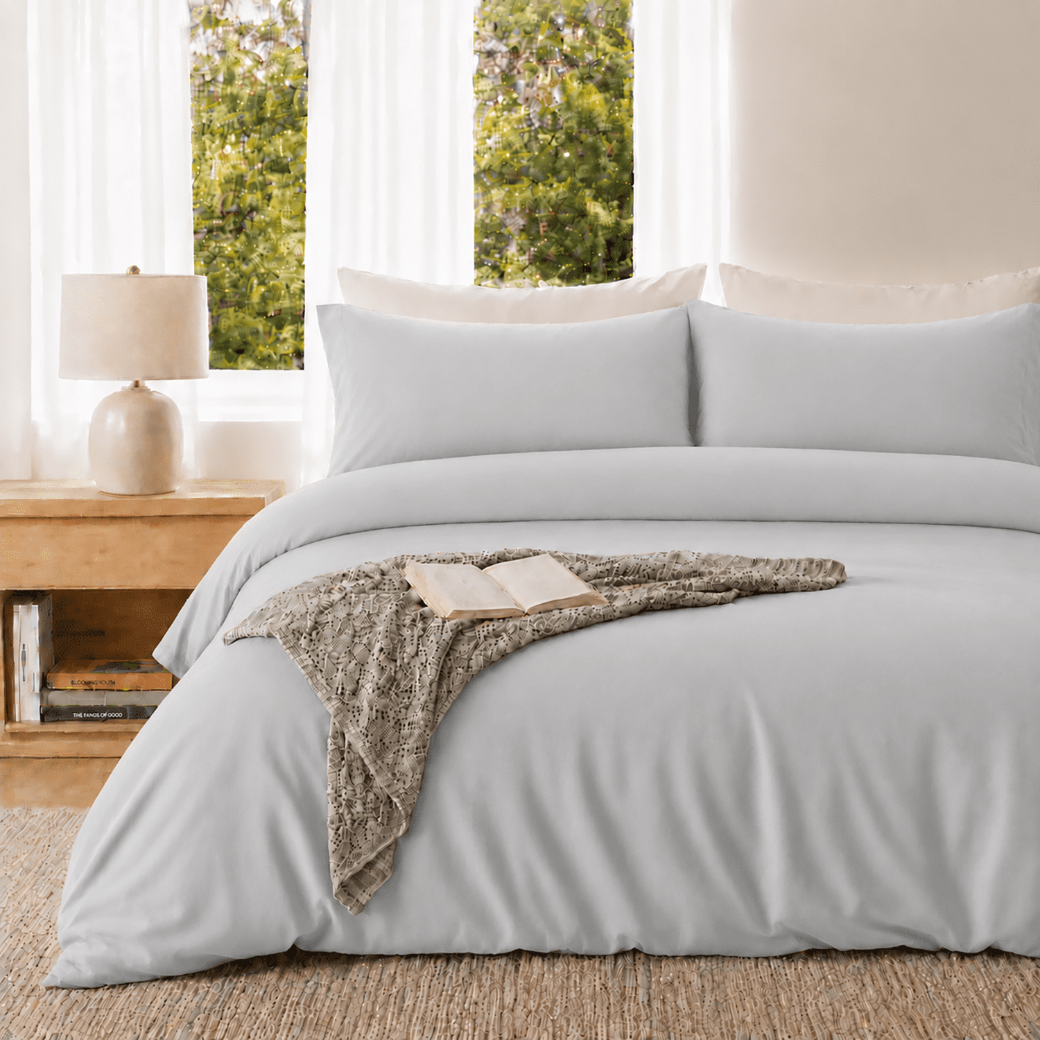 SORMAG Duvet Cover Set Soft Washed Microfiber Duvet Cover 3 Pieces Queen Light Grey