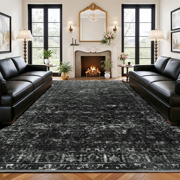 SORONO KATE 10'x12' Floral Area Rugs for Living Room, Machine Washable Oriental Vintage Distressed Non Slip Soft Indoor Area Carpet, Black