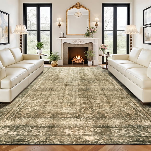 SORONO KATE 10'x12' Floral Area Rugs for Living Room, Machine Washable Oriental Vintage Distressed Non Slip Soft Indoor Area Carpet, Taupe