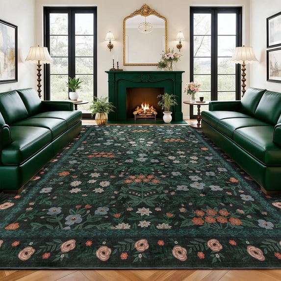 SORONO KATE 10'x12' Floral Area Rugs for Living Room, Machine Washable Oriental Vintage Distressed Non Slip Soft Indoor Area Carpet, Turquoise