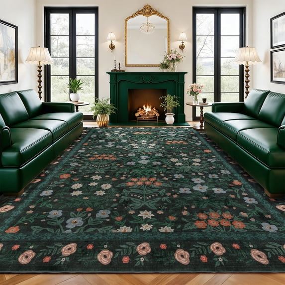 SORONO KATE 10'x12' Floral Area Rugs for Living Room, Machine Washable Oriental Vintage Distressed Non Slip Soft Indoor Area Carpet, Turquoise