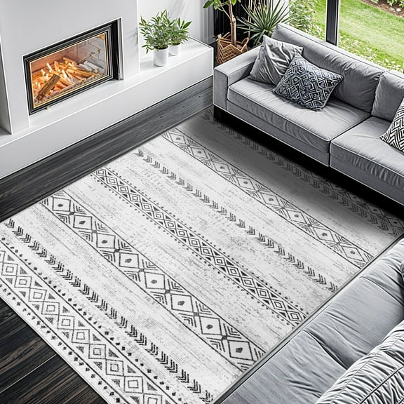 SONORO KATE 10'x14' Area Rugs for Living Room, Machine Washable Geometric Stripe Non Slip Soft Indoor Area Carpet, Gray/White