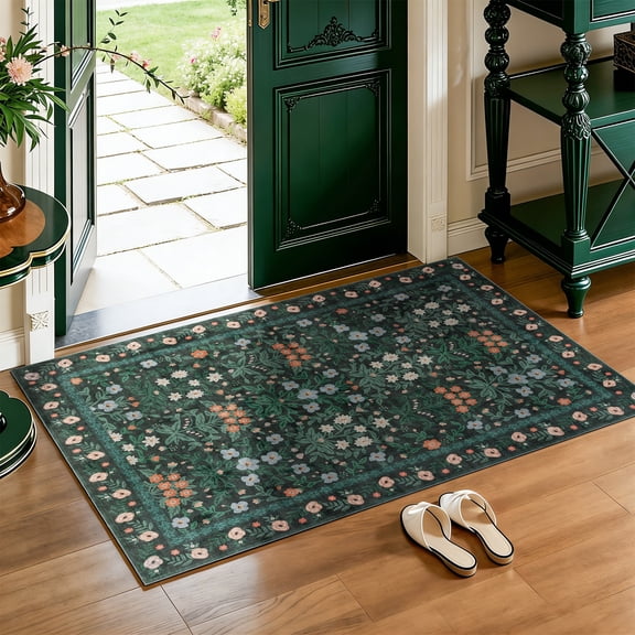 SORONO KATE 2'x3' Floral Area Rugs for Door Entrance Entryway, Machine Washable Oriental Vintage Distressed Non Slip Soft Indoor Area Carpet, Turquoise