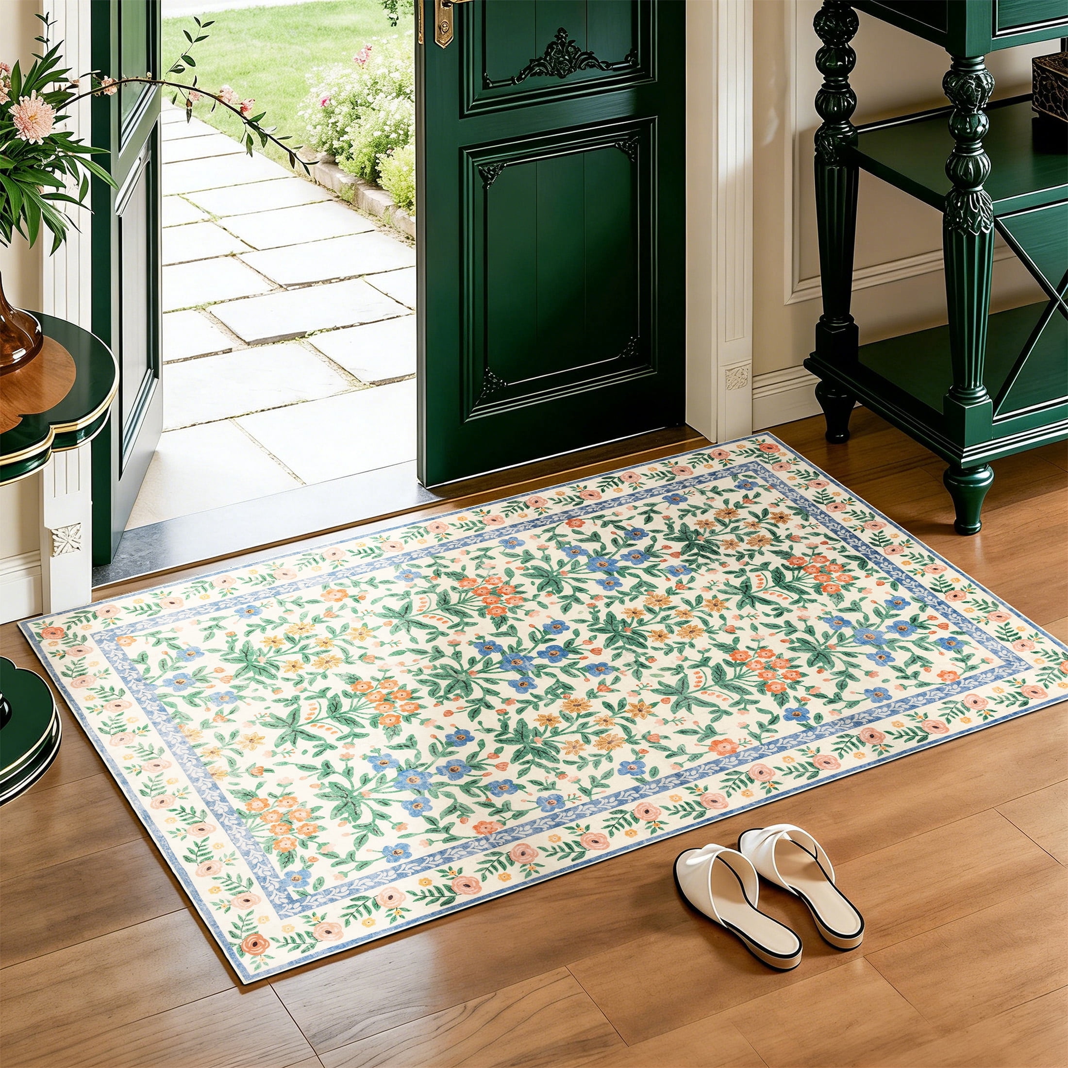 SORONO KATE 2'x3' Floral Area Rugs for Door Entrance Entryway, Machine Washable Oriental Vintage Distressed Non Slip Soft Indoor Area Carpet, Cream