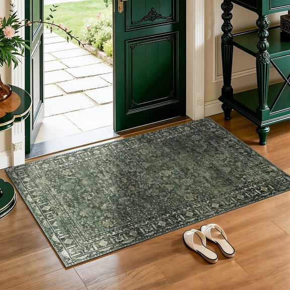 SORONO KATE 2'x3' Floral Area Rugs for Door Entrance Entryway, Machine Washable Oriental Vintage Distressed Non Slip Soft Indoor Area Carpet, Green