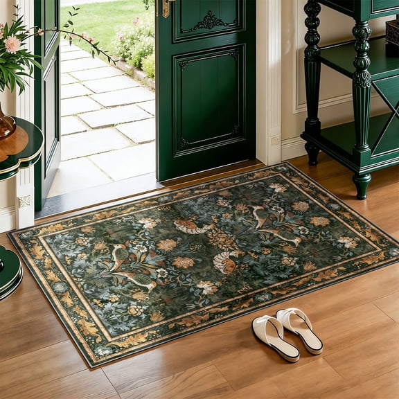 SORONO KATE 2'x3' Floral Bird Area Rugs for Door Entrance Entryway, Machine Washable Oriental Vintage Distressed Non Slip Soft Indoor Area Carpet, Forset Green