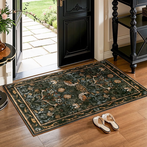 SORONO KATE 2'x3' Floral Bird Area Rugs for Door Entrance Entryway, Machine Washable Oriental Vintage Distressed Non Slip Soft Indoor Area Carpet, Forset Ink