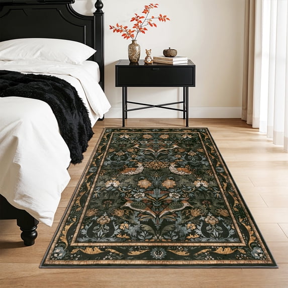SORONO KATE 2'x6' Floral Bird Runner Rugs for Hallway, Machine Washable Oriental Vintage Distressed Non Slip Soft Indoor Area Carpet, Forset Ink
