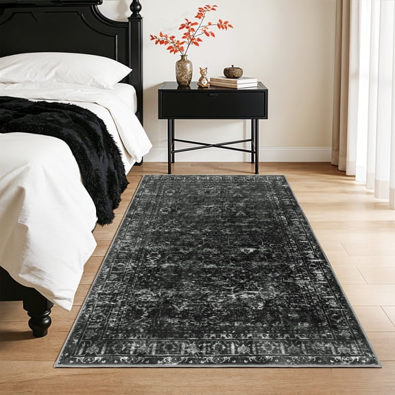 SORONO KATE 2'x6' Floral Runner Rugs for Hallway, Machine Washable Oriental Vintage Distressed Non Slip Soft Indoor Area Carpet, Black