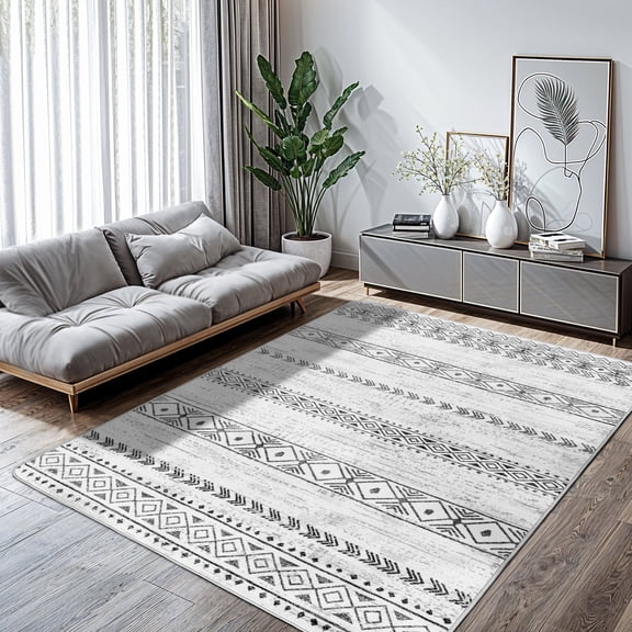 SONORO KATE 3'x5' Area Rugs for Living Room, Machine Washable Geometric Stripe Non Slip Soft Indoor Area Carpet, Gray/White