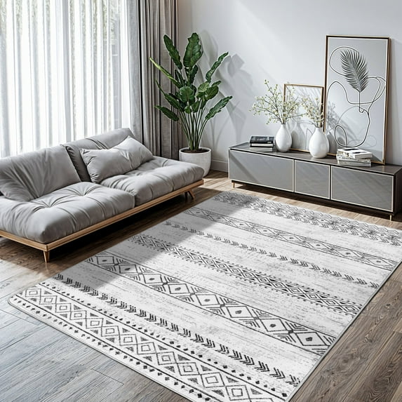 SONORO KATE 4'x6' Area Rugs for Living Room, Machine Washable Geometric Stripe Non Slip Soft Indoor Area Carpet, Gray/White