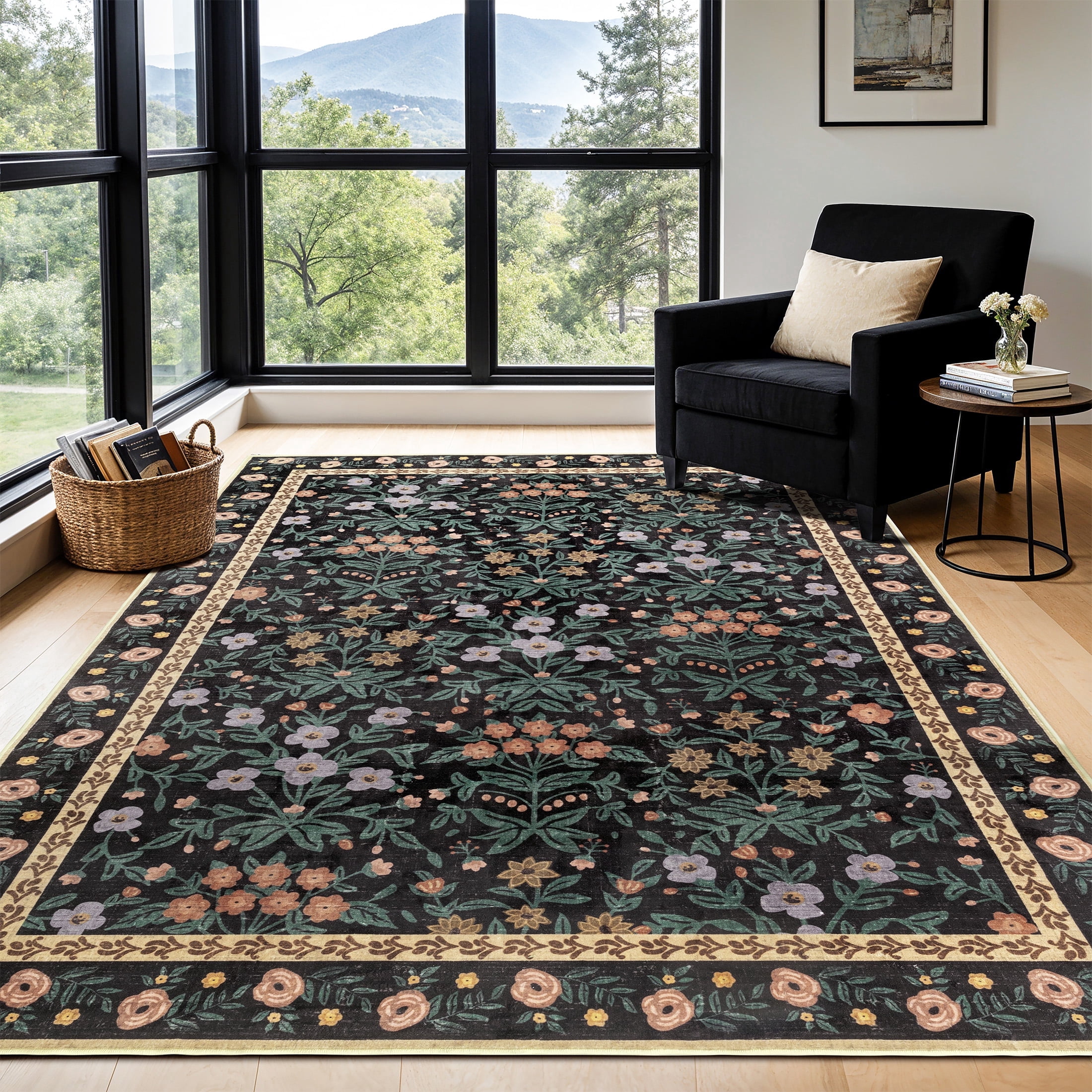 SORONO KATE 4'x6' Floral Area Rugs for Living Room, Machine Washable Oriental Vintage Distressed Non Slip Soft Indoor Area Carpet, Black/Green