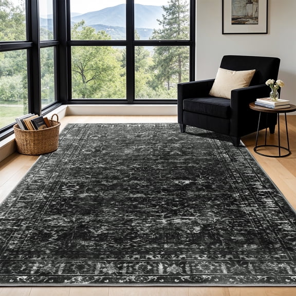 SORONO KATE 4'x6' Floral Area Rugs for Living Room, Machine Washable Oriental Vintage Distressed Non Slip Soft Indoor Area Carpet, Black