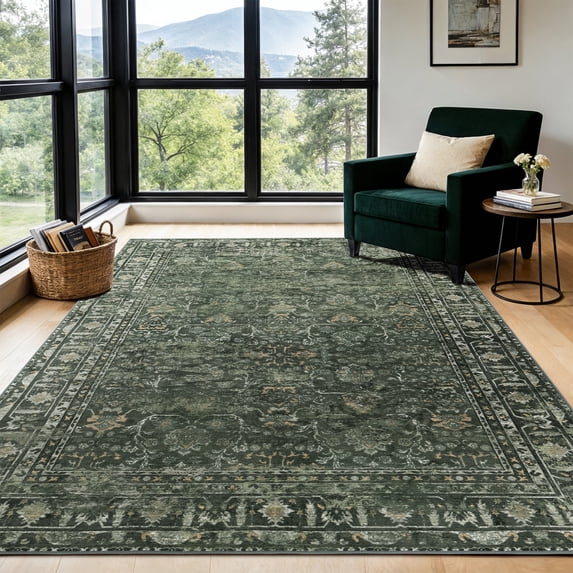 SORONO KATE 4'x6' Floral Area Rugs for Living Room, Machine Washable Oriental Vintage Distressed Non Slip Soft Indoor Area Carpet, Green