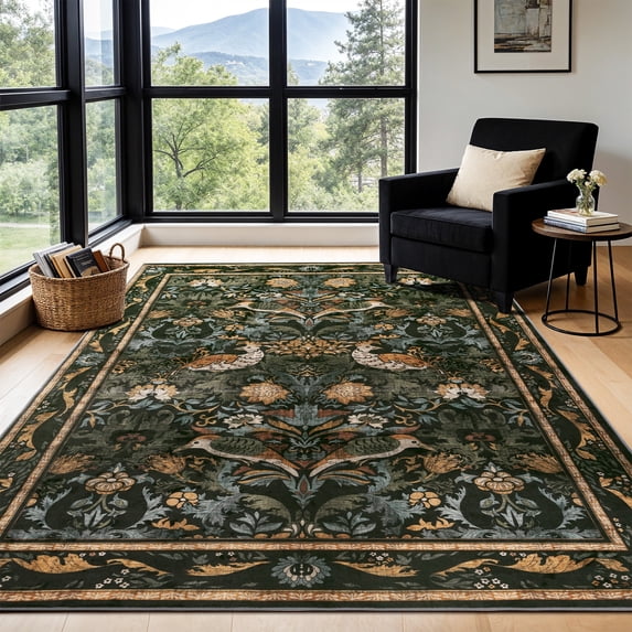 SORONO KATE 4'x6' Floral Bird Area Rugs for Living Room, Machine Washable Oriental Vintage Distressed Non Slip Soft Indoor Area Carpet, Forset Ink