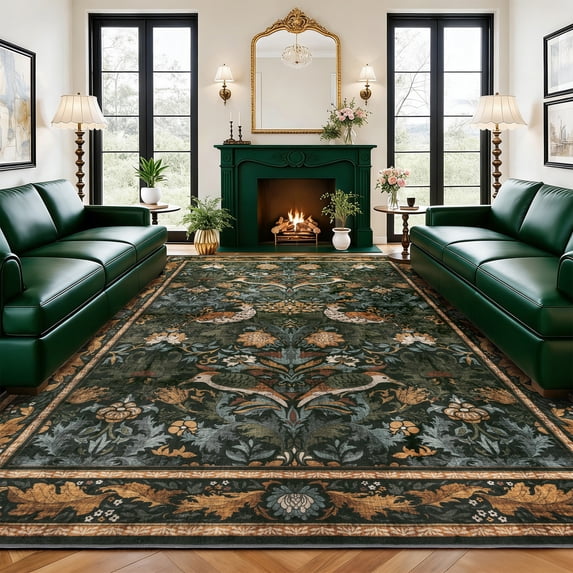 SORONO KATE 6'x9' Floral Bird Area Rugs for Living Room, Machine Washable Oriental Vintage Distressed Non Slip Soft Indoor Area Carpet, Forset Green