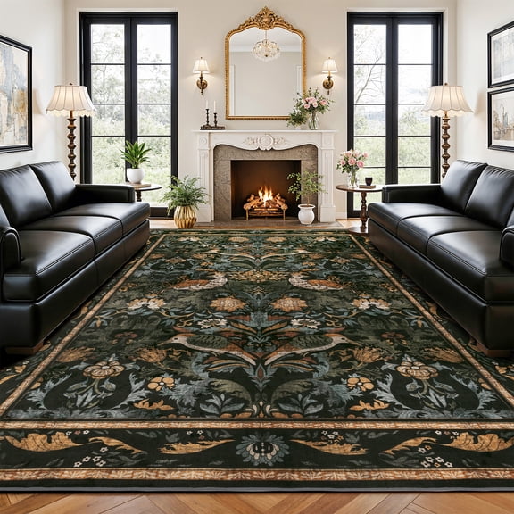 SORONO KATE 8'x10' Floral Bird Area Rugs for Living Room, Machine Washable Oriental Vintage Distressed Non Slip Soft Indoor Area Carpet, Forset Ink