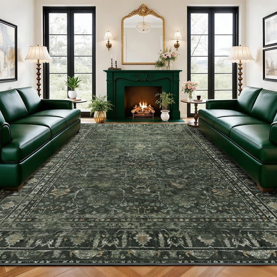SORONO KATE 9'x12' Floral Area Rugs for Living Room, Machine Washable Oriental Vintage Distressed Non Slip Soft Indoor Area Carpet, Green