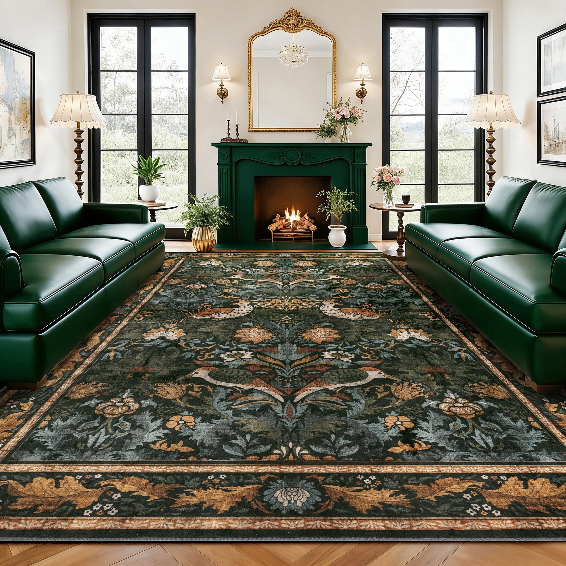 SORONO KATE 9'x12' Floral Bird Area Rugs for Living Room, Machine Washable Oriental Vintage Distressed Non Slip Soft Indoor Area Carpet, Forset Green