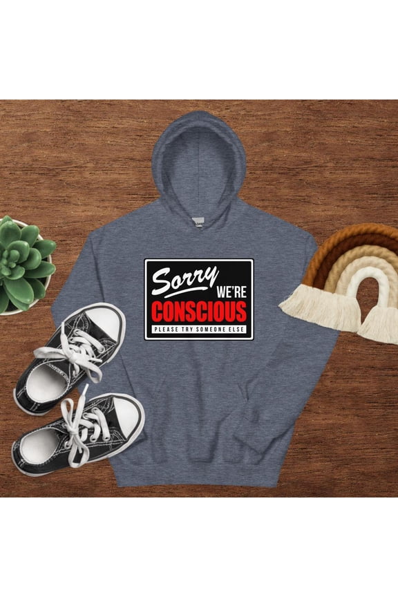 SORRY-WE’RE-CONSCIOUS Hoodie (Heather Sport Dark Navy, S)
