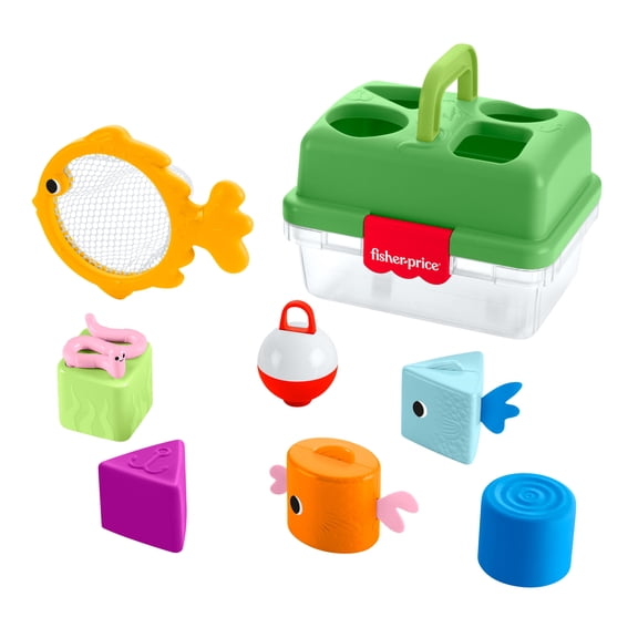 Fisher-Price Friendship Forest Sort & Store Tackle Box Baby Toy with 6 Shape Blocks & Fishing Net