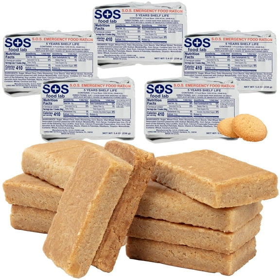 SOS Food Lab Emergency Food Bar - 1200 Calorie Ration (5 Pack Shortbread Cookie) - 1 Day/24 Hour Ready to Eat Supply for Camping - 5 Year Shelf Life