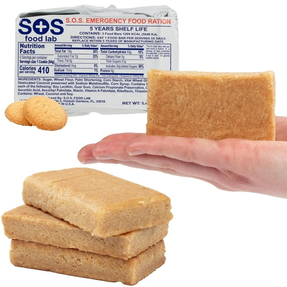 SOS Food Lab Emergency Food Bar - 1200 Calorie Ration (Shortbread Cookie) - 1 Day/24 Hour Ready to Eat Supply for Camping, Hiking, Disaster Preparedness - 5 Year Shelf Life High Energy Survival Food