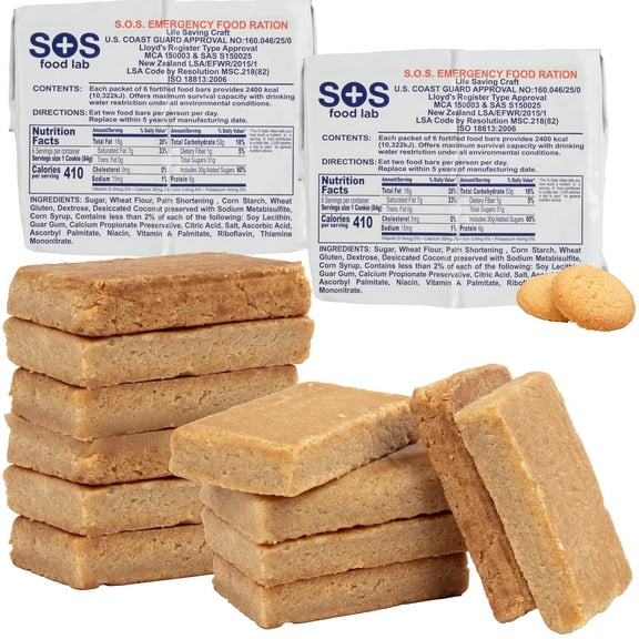 SOS Food Lab Emergency Food Bar - 2400 Calorie Ration (2 Pack Shortbread Cookie) - 2 Day/48 Hour Ready to Eat Supply for Camping, Hiking, Disaster Preparedness - 5 Year Shelf Life