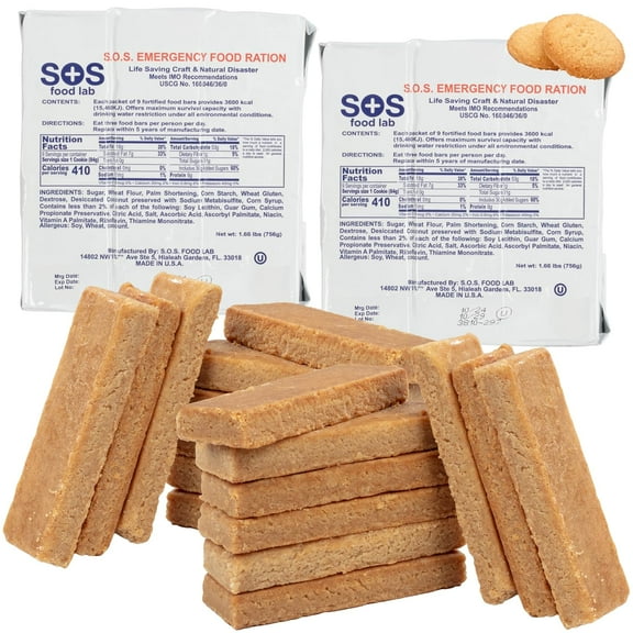 SOS Food Lab Emergency Food Bar - 3600 Calorie Ration (2 Pack Shortbread Cookie) - 3 Day/72 Hour Ready to Eat Supply for Camping, Hiking, Disaster Preparedness - 5 Year Shelf Life Energy Food