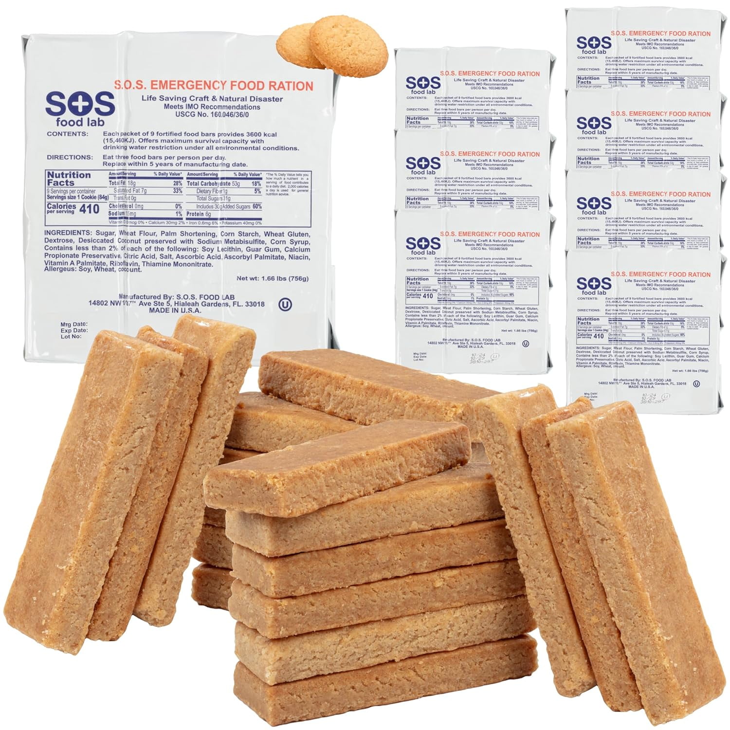 SOS Food Lab Emergency Food Bar - 3600 Calorie Ration (8 Pack Shortbread Cookie) - 3 Day/72 Hour Ready to Eat Supply for Camping, Hiking, Disaster Preparedness - 5 Year Shelf Life Energy Food