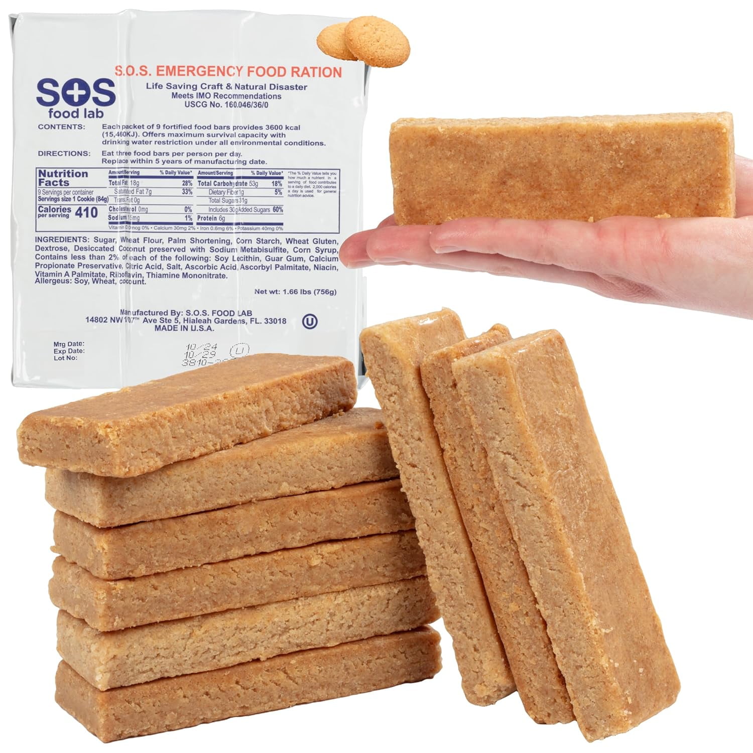 SOS Food Lab Emergency Food Bar - 3600 Calorie Ration (Shortbread Cookie) - 3 Day/72 Hour Ready to Eat Supply for Camping, Hiking, Disaster Preparedness - 5 Year Shelf Life High Energy Survival Food
