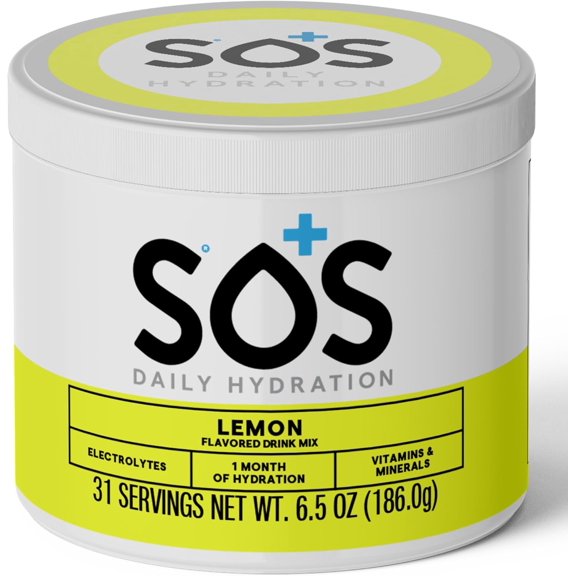 SOS Hydration Daily Electrolyte Drink Mix, Lemon, 31-Serving Tub, Low Sugar, Vitamins B6 B12 C D, Potassium, Magnesium Zinc