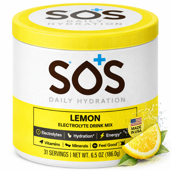 SOS Hydration Daily Electrolyte Drink Mix, Lemon, 31-Serving Tub, Low Sugar, Vitamins B6 B12 C D, Potassium, Magnesium Zinc
