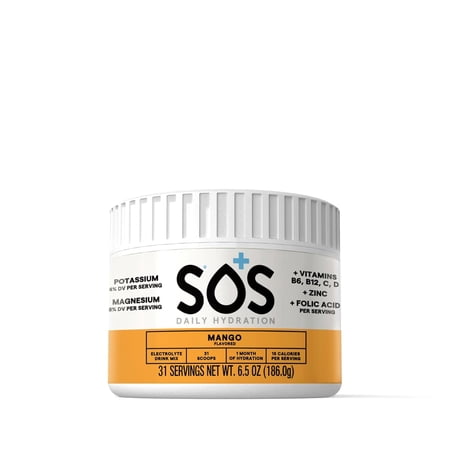 SOS Hydration Daily Electrolyte Drink Mix, Mango, 31-Serving Tub, Low Sugar, Vitamins B6 B12 C D, Potassium Magnesium Zinc
